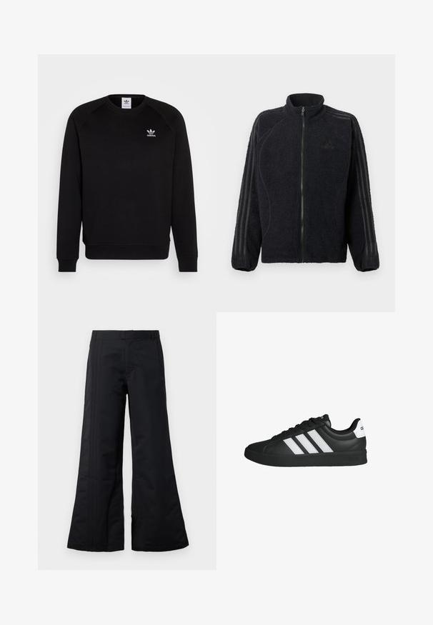 Zwarte fleece zip-up jacket met hoge kraag, ribbelmanchetten en drie ton-sur-ton strepen die langs elke mouw lopen.; Zwarte sweatshirt met raglanmouwen, ronde hals en geribbelde manchetten. Bevat een klein wit Adidas-logo op de borst. Zachte stoftextuur.; Zwarte broek met wijde pijpen van gladde stof, met voorplooien en een tailleband. Een schoon ontwerp zonder zichtbare patronen of accenten.; Zwarte Adidas sneaker met witte strepen, zwarte zool, veters en een witte hieltab met het Adidas-logo, zijaanzicht.