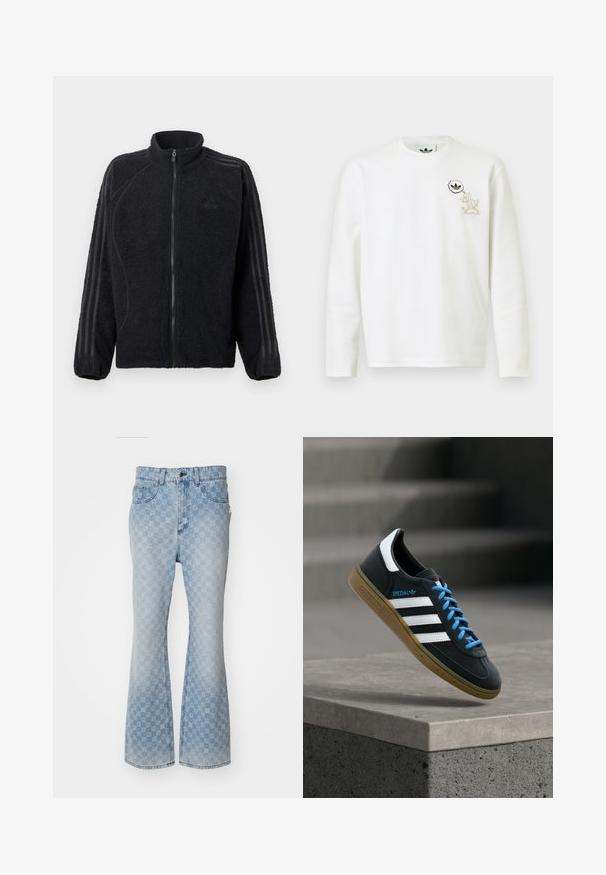 Veste zippée en polaire noire avec col montant, poignets côtelés et trois bandes tonales courant le long de chaque manche.; Chemise blanche à manches longues avec une texture et un petit personnage de dessin animé ainsi que le logo Adidas dans une bulle de pensée sur le côté gauche de la poitrine.; Jean flare en denim bleu clair avec un motif logo sur l'ensemble, cinq poches, une fermeture à bouton et une finition légèrement décolorée.; Baskets Adidas noires avec des rayures blanches, des lacets bleus et une semelle en gomme flottant au-dessus d'une marche en béton grise sous une lumière douce.
