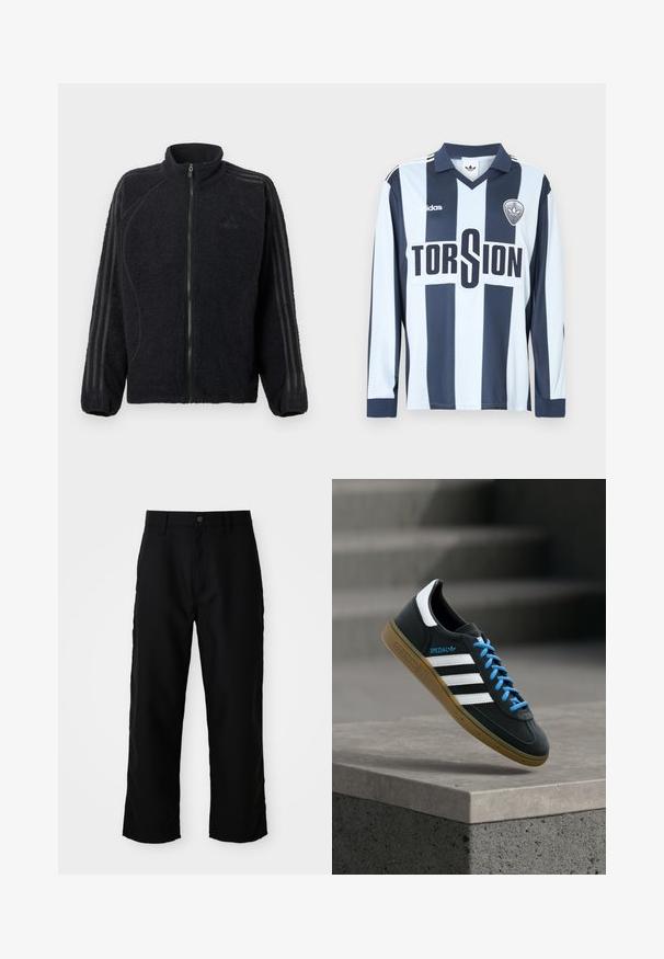 Sort fleece zip-up jakke med høj krave, ribstrikkede manchetter og tre tonale striber, der løber ned ad hver ærme.; Langærmet fodboldtrøje med lodrette lyseblå og mørkeblå striber, krave og "TORSION" grafik i fed sort.; Sorte lige ben bukser med bæltestropper, frontknap og lynlås lukning på ensfarvet lys baggrund.; Sort Adidas sneaker med hvide striber, blå snørebånd og gummisål, der svæver over gråt betontrin i blødt lys.