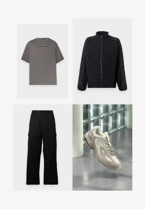 Veste zippée en polaire noire avec col montant, poignets côtelés et trois bandes tonales courant le long de chaque manche.; T-shirt gris à manches courtes avec le logo "OAKLEY" et un petit graphisme rouge centré sur la poitrine, présenté sur un fond blanc uni.; Pantalon cargo noir en tissu résistant, avec une coupe large aux jambes, plusieurs poches latérales et une coupe droite.; Baskets beige clair dotées d'un design élégant avec des superpositions texturées, une semelle rembourrée et une section translucide sur le côté.
