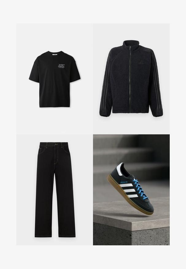 Chaqueta de forro polar negra con cremallera, cuello alto, puños acanalados y tres rayas tonales que recorren cada manga.; Camiseta de algodón negra de manga corta con cuello redondo y un logo blanco "XTC VERTERE" en la zona del pecho izquierdo. Textura suave.; Pantalones de mezclilla negros con corte recto, que cuentan con bolsillos frontales, costuras amarillas en contraste y un cierre de botón en la cintura.; Zapatilla negra Adidas con franjas blancas, cordones azules y suela de goma flotando sobre un escalón de hormigón gris con luz suave.
