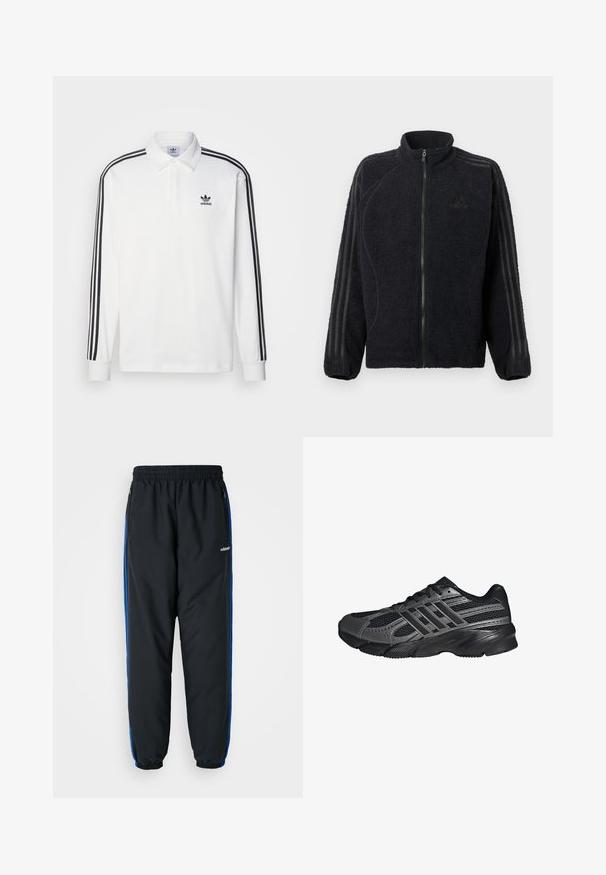 Schwarze Fleece-Zip-Jacke mit hohem Kragen, gerippten Bündchen und drei tonalen Streifen, die an jedem Ärmel entlang verlaufen.; Weißes Poloshirt mit langen Ärmeln, klassischem Kragen, schwarzen drei Streifen an den Ärmeln und kleinem schwarzem Logo auf der Brust.; Schwarze Sporthosen mit elastischem Bund, blauen Seitenstreifen, Reißverschlusstaschen und schmal zulaufenden Bündchen für eine enge Passform. Hergestellt aus leichtem Material.; Schwarze Sportschuhe aus Netz- und synthetischem Material, mit einer strukturierten Oberfläche, mehreren grauen Streifen und einem gepolsterten Schaft.