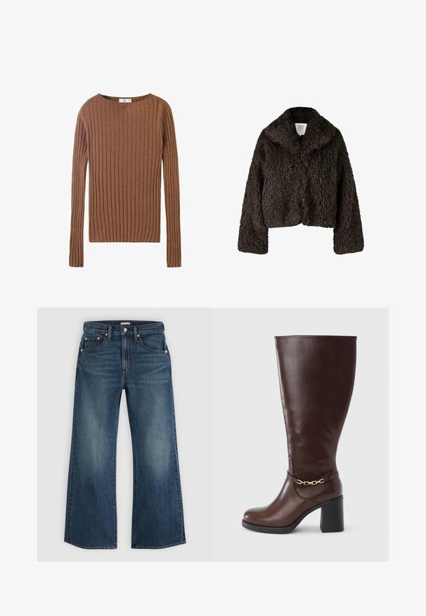 Faux fur, cropped jakke i mørkebrun. Har en bred, blød krave og lange ærmer. Tekstureret overflade med et shaggy udseende.; Brun ribbet langærmet sweater med rund halsudskæring, der viser et tekstureret stof, som fremhæver lodrette linjer. Enkel og tætsiddende design.; Blå denimjeans med høj talje, brede, lige ben, forlommer og knaplukning, vist mod en ensfarvet lys baggrund.; Brun læderstøvle til knæet med firkantet tå, kraftig hæl og guldkæde-detalje rundt om anklen. Glat tekstur og elegant design.