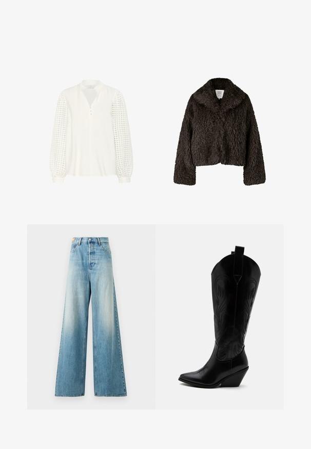 Veste courte en fausse fourrure de couleur marron foncé. Elle possède un large col doux et des manches longues. Sa surface texturée donne un aspect shaggy.; Kaffe KATULLE - Blouse - chalk; Jean en denim à jambes larges dans un délavé bleu clair avec des zones usées. Doté d'une taille haute, d'un design standard à cinq poches et d'un bouton en métal.; Botte de cowboy en cuir noir avec bout pointu, talon bloc incliné, couture décorative et languettes en haut sur fond blanc.