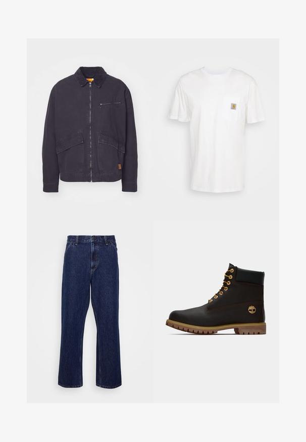 Donkerblauwe jas met een corduroy kraag, voorzijde met ritssluiting en twee grote opgestikte zakken. Bevat een ritssluiting op de borst en subtiele branding.; Witte katoenen t-shirt met korte mouwen, een borstzak en een klein vierkant logo-opdruk in oranje en wit op de zak.; Donkerblauwe denim jeans met een recht-uitlopende pasvorm, voorzien van een knoopsluiting, vijf zakken en subtiele stikseldetails.; Zwarte leren enkellaars met gouden oogjes, bruine accenten en een rubberen zool. Heeft een gevoerde kraag en geperst logo aan de zijkant.
