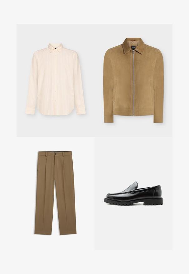 Veste en daim beige avec fermeture éclair, col et deux poches latérales, présentée sur fond blanc uni. Étiquette BOSS visible à l'intérieur du col.; Chemise beige à manches longues boutonnée avec des rayures verticales subtiles et un col classique, présentée sur un fond clair uni.; Pantalon droit marron avec passants de ceinture, bouton sur le devant et fermeture éclair, présenté à plat sur fond blanc.; Mocassin en cuir noir avec semelle en caoutchouc épaisse, dessus cousu et nom de marque embossé sur le talon, présenté de profil sur fond blanc.