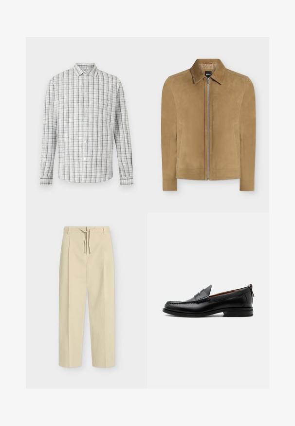 Veste en daim beige avec fermeture éclair, col et deux poches latérales, présentée sur fond blanc uni. Étiquette BOSS visible à l'intérieur du col.; Chemise blanche à manches longues avec un motif à fines carreaux noirs et gris et une poche poitrine gauche.; Pantalon beige droit avec passants pour ceinture et nouage à l'avant, présentant un design épuré et ajusté ainsi qu'un tissu texturé.; Mocassin homme en cuir noir avec couture moc toe, bride penny, col texturé et petit talon empilé sur fond blanc.