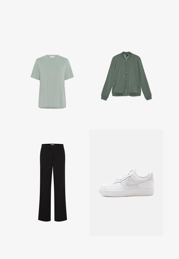 Groene bomberjack met volledige ritssluiting aan de voorkant, geribde kraag, manchetten en zoom, en twee zijzakken.; Mintgroene T-shirt met korte mouwen van een zachte, lichte stof, met een ronde hals en een ontspannen pasvorm. Minimale stikdetails op de zoom en mouwen.; Zwarte rechte broek met taillebandlussen, ritssluiting aan de voorkant en zijzakken, op een witte achtergrond.; Witte lage Nike Air Force 1 sneaker met witte veters, perforaties op de neusplaat en een mesh paneel achter het Nike Swoosh-logo.