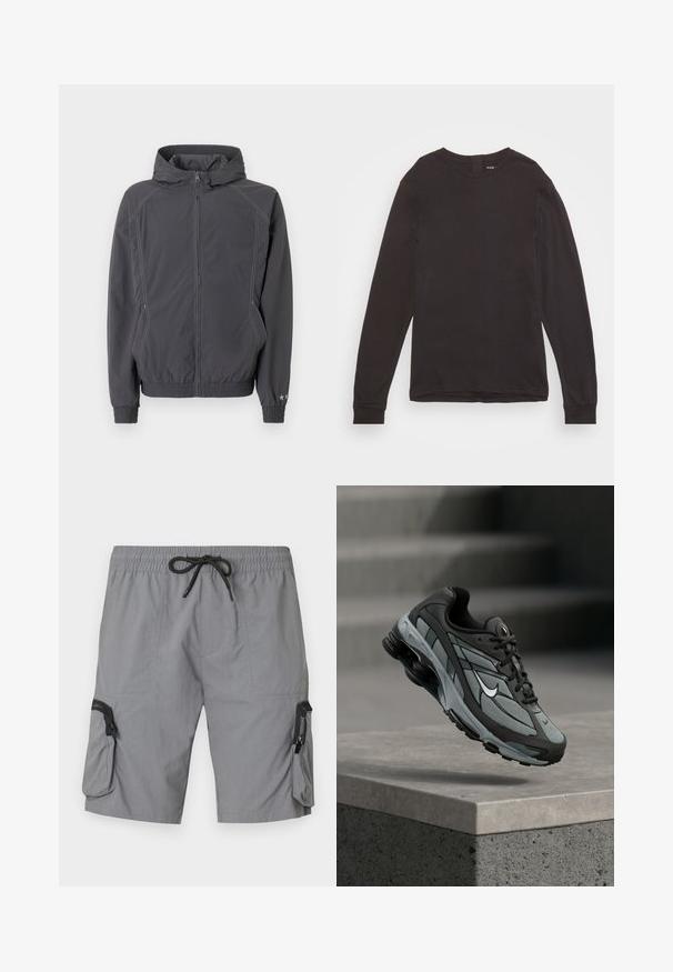 Mørkegrå letvægtsjakke med hætte, lynlås foran, sidelommer, elastiske manchetter og kant samt små stjernedetaljer på venstre ærmemanchet.; Pier One Langærmet T-shirt - black; Grå cargo shorts lavet af letvægtsstof, med elastisk talje og snøre, sidelommer og en dekorativ lynlåslomme.; Grå og sort atletiksko med meshpaneler og tyk sål, placeret i luften over en betonliste med trapper i baggrunden.