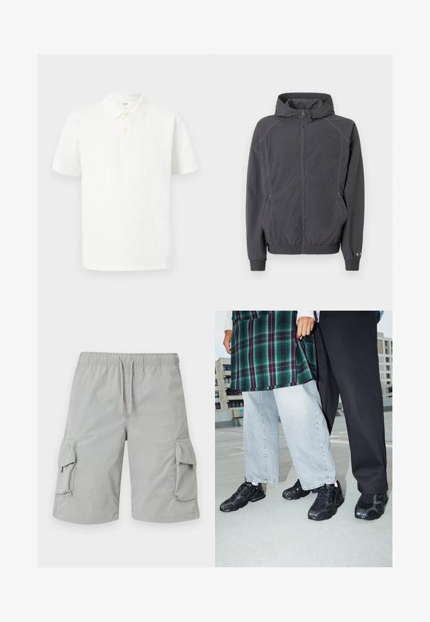 Veste légère gris foncé avec capuche, fermeture éclair frontale, poches latérales, poignets et ourlet élastiques, et petits détails étoilés sur le poignet de la manche gauche.; Chemise polo blanche en coton avec un col classique, des manches courtes, une patte de boutonnage à deux boutons et un tissu texturé subtil.; Shorts cargo gris clair avec une taille élastique, fermeture à cordon de serrage et deux grandes poches latérales. Tissu lisse et léger.; Baskets de sport noires avec des accents en mesh et en caoutchouc. Portées avec un jean large gris clair et un haut à carreaux vert. Fond à surface plane.