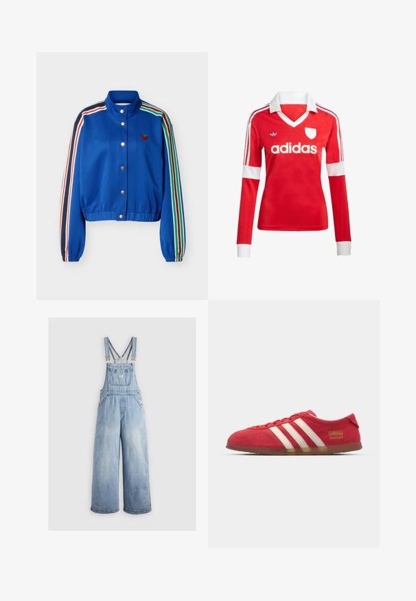 Blauwe jas met rits en meerkleurige strepen op de mouwen, gouden drukknopen aan de voorkant, elastische zoom en kleine rode aardbeienborduring op de borst.; Rode lange mouwen voetbalshirt met een witte kraag en manchetten. Heeft drie witte strepen op de schouders en het "adidas" logo prominent weergegeven.; Lichtblauwe denim overall met wide benen, verstelbare schouderbanden, een voorzak en metalen knopen aan de zijkanten. Klassieke stijl met een ontspannen pasvorm.; Rode suède sneakers met wit drie-streepdesign, platte zool en gouden logo-detail. Laag uitgesneden ontwerp met ronde neus en vetersluiting.