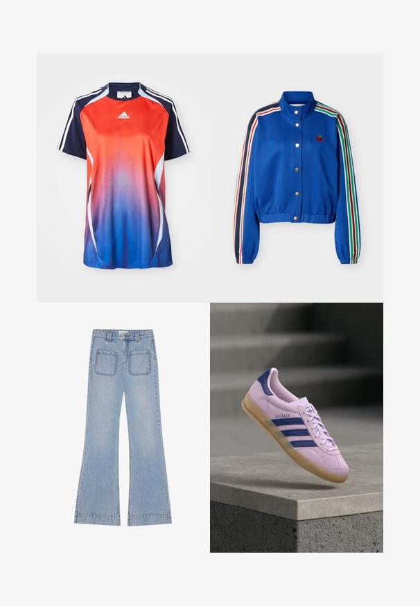 Blå lynlåsjakke med flerfarvede striber på ærmerne, gyldne trykknapper foran, elastisk kant og lille rød jordbærbroderi på brystet.; Adidas kortærmet sports T-shirt med en gradient fra rød til blå, med marineblå akcenter og hvide striber langs skuldrene.; Lysblå, flagrende denim jeans med høj talje, der har to baglommer og synlige søm langs sømmene.; Lyse lilla Adidas Gazelle sneaker med marineblå striber og hælfane, gummisål, svævende over en stenhylde med slørede trapper i baggrunden.