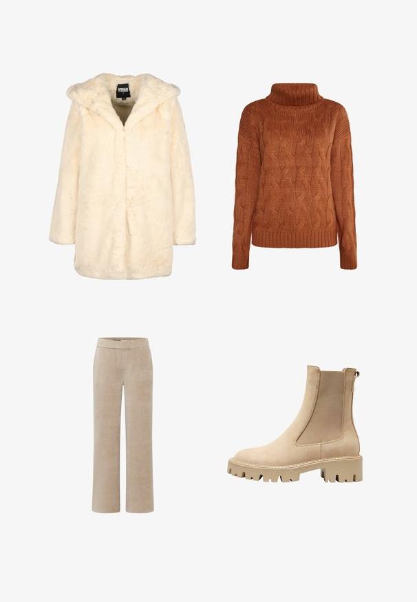 Cremefarvet faux fur frakke med hætte, lange ærmer og en afslappet pasform. Har en blød tekstur og en frontåbning uden synlige lukninger.; Brun kabelstrikket sweater med høj turtleneck, der har ribstrikkede manchetter og kant. Teksturen er blød med et chunky mønster over hele.; Beige lige bukser i corduroy med elastisk talje, uden synlige lommer eller knapper, vist på en hvid baggrund.; Beige ankelstøvle med en glat suedefinish, elastiske sidepaneler og en kraftig sål for godt greb. Har dekorative syninger.
