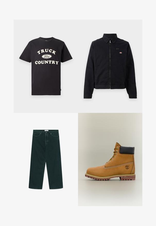 Chaqueta negra de algodón con cremallera frontal, cuello puntiagudo y un bolsillo en el pecho. Presenta un logo en el lado izquierdo cerca del bolsillo.; Camiseta de algodón negro de mangas cortas con el texto "TRUCK COUNTRY" en color crema y un diseño del logo de Ford en el centro.; Jeans de mezclilla de pierna ancha verde oscuro con cierre de botón y cremallera, bolsillos frontales y pasadores para cinturón, extendidos sobre un fondo blanco.; Bota de tobillo de cuero marrón con cuello negro, cordones amarillos y suela beige. Presenta un logotipo y detalles de costura blanca. Suela exterior con tracción robusta.