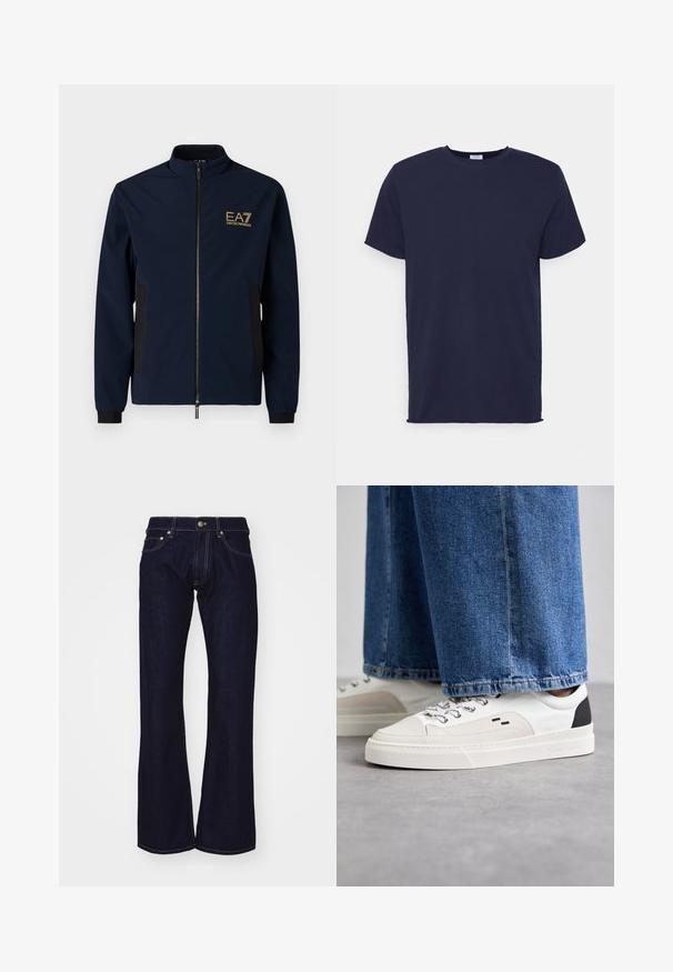 Marineblauer Windbreaker mit hohem Kragen, Reißverschluss, schwarzen Seitenteilen und einem goldenen EA7-Logo auf der linken Brust. Glattes, leichtes Material.; Marineblaues T-Shirt mit kurzen Ärmeln aus weichem Stoff. Es hat einen Rundhalsausschnitt und einen geraden Schnitt ohne Muster oder Akzente.; Dunkelblaue Denim-Jeans mit Schlag und hohem Bund, mit kontrastierenden gelben Nähten und Metallbeschlägen an Bund und Taschen.; Weiße und schwarze Sneaker mit einem Obermaterial aus glattem Leder, strukturierten Akzenten und einer massiven weißen Sohle. Verfügt über ein klassisches Schnürdesign.