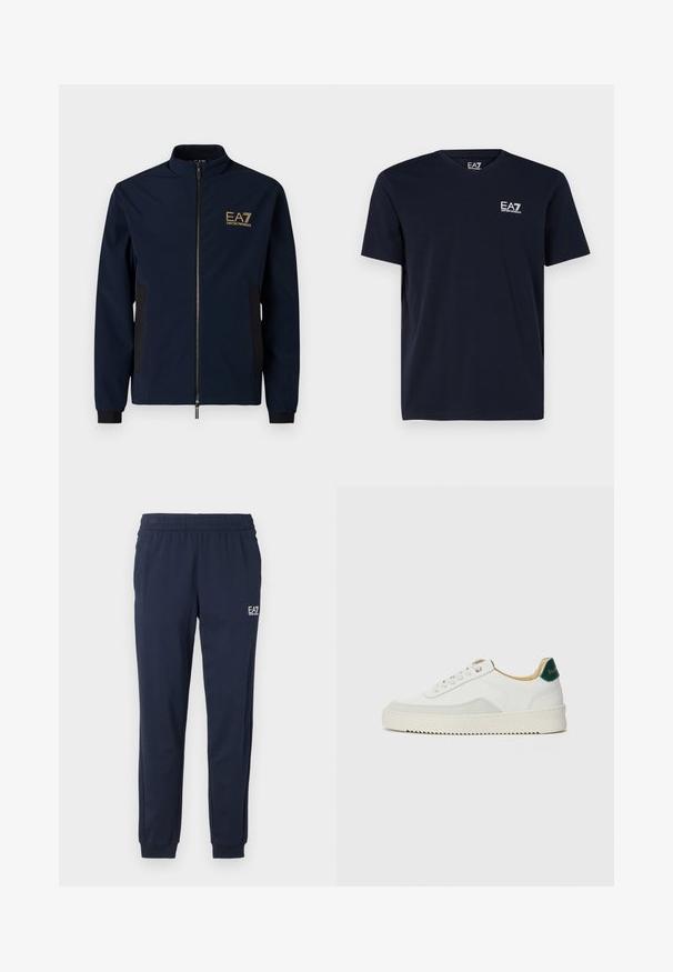Chaleco navy azul con un alto cuello, cierre de cremallera, paneles laterales negros y un logo EA7 dorado en el lado izquierdo del pecho. Material liso y ligero.; Camiseta negra de manga corta con cuello redondo y pequeño logo blanco EA7 Emporio Armani en el pecho izquierdo.; Pantalones de chándal azul marino con cinturilla y puños elásticos. Presentan un pequeño logo blanco en la pierna izquierda. Fabricados con un material suave y elástico.; Zapatilla blanca con acentos de ante, puntera redondeada, cordones planos y suela de goma color crema. Presenta un logo verde en el talón.