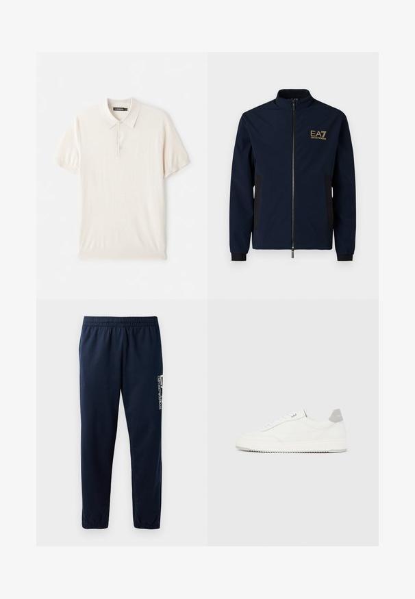 Marineblå vindjakke med høj krave, lynlås-lukning, sorte sidepaneler og et guld EA7-logo på venstre bryst. Glat, letvægtsmateriale.; Lys beige polo skjorte med klassisk krave, tre-knaps lukning og korte ærmer. Lavet af blødt, glat stof. Enkel design uden mønstre.; Marineblå sweatpants med elastisk talje, tætsiddende ben og et hvidt logo på siden. Glat stof med en let tekstur.; Hvid lavtop-sneaker med gråt hælflig, hvide snørebånd og tekstureret sål, vist på en ensfarvet lys baggrund.