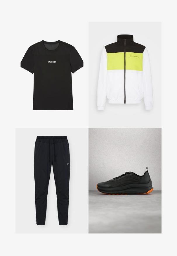 Calvin Klein Jeans BOLD COLORBLOCK JACKET - Trainingsvest - bright white; Zwart sportief T-shirt met korte mouwen, met een mesh gedeelte op de bovenborst en schouders, met het logo "Calvin Klein" centraal op de voorkant.; Zwarte herensportbroek met verstelbare taille met trekkoord, zijritsvakken en een klein Nike-logo op de rechterdij.; Zwarte sportieve sneaker met oranje accenten zweeft boven een gepolijste grijze vloer in een moderne binnenruimte met glasblokken.