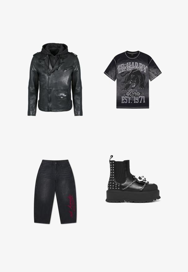 Chaqueta de cuero negro con capucha negra adjunta. Presenta cremalleras, un bolsillo con parche y hombreras. Textura suave y diseño ajustado.; Camiseta Ed Hardy negra y gris con una pantera negra gruñendo, rosas y texto "Ed Hardy", "Drawn by L.A." y "EST. 1971."; Vaqueros negros de pierna ancha y corte cropped, con cintura alta, bolsillos delanteros y texto rojo en cursiva "ed hardy" en la pierna derecha.; Botín negro de plataforma con tachuelas plateadas, detalles de cadena y una decoración de calavera blanca en el panel frontal.