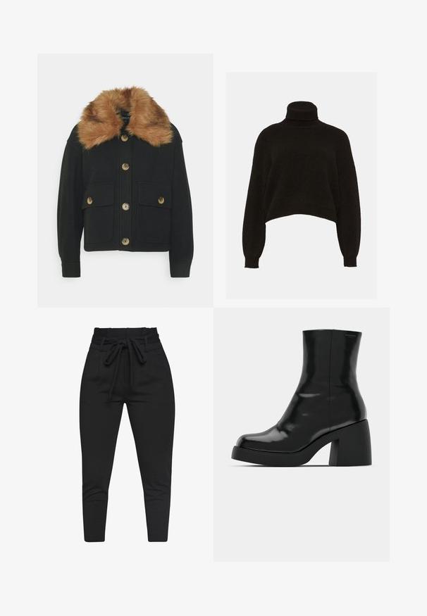 ONLY Petite ONLEMMA SHORT SHACKET - Leichte Jacke - black; Schwarzer, cropped Rollkragenpullover mit strukturiertem Strickfinish und langen Ärmeln. Verfügt über einen enganliegenden Kragen und gerippte Bündchen.; Schwarze Jogginghosen aus weichem Stoff mit einem Kordelzugbund, ausgestattet mit Fronttaschen und tapered Beinen.; Schwarze Stiefeletten mit glänzender Oberfläche, quadratischer Zehenpartie und dicker Blockabsatz. Das Design zeichnet sich durch eine nahtlose Silhouette und minimalistische Markenkennzeichnung aus.