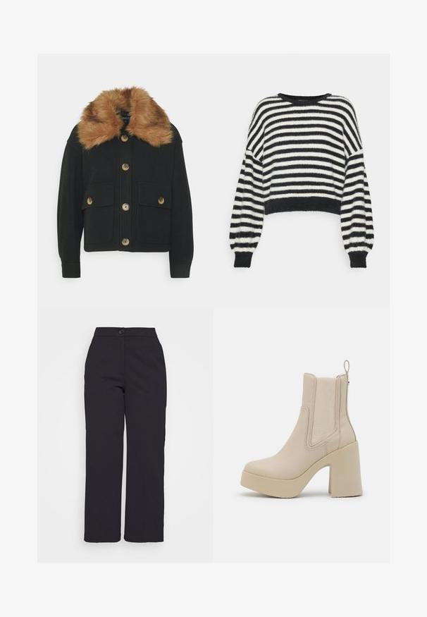 ONLY Petite ONLEMMA SHORT SHACKET - Chaqueta fina - black; Suéter cortado de rayas blancas y negras con cuello redondo, mangas anchas y tejido texturizado. Presenta una cinturilla sólida negra.; Pantalones de pierna ancha negros, confeccionados en una tela suave, con cierre de botón y un diseño limpio y ajustado, sin bolsillos visibles.; Steve Madden CLIMATE - Botines con plataforma - bone