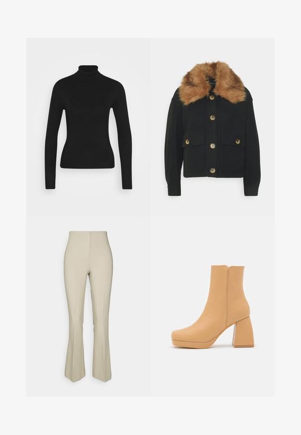 ONLY Petite ONLEMMA SHORT SHACKET - Let jakke / Sommerjakker - black; Sort turtleneck sweater med lange ærmer, lavet af et glat strikket stof. Har et tætsiddende design og en ribbet krave.; ONLY Petite ONLEDINA PANT - Bukser - silver lining; DeeZee Plateaustøvletter - dark beige