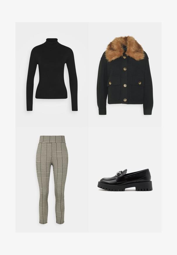 ONLY Petite ONLEMMA SHORT SHACKET - Let jakke / Sommerjakker - black; Sort turtleneck sweater med lange ærmer, lavet af et glat strikket stof. Har et tætsiddende design og en ribbet krave.; ONLY Petite ONLZIGA PETIT - Leggings - black; Sorte læder loafers med en kraftig, rillet sål og en metallic spænde detaljer på remmen. Glat tekstur, klassisk design.