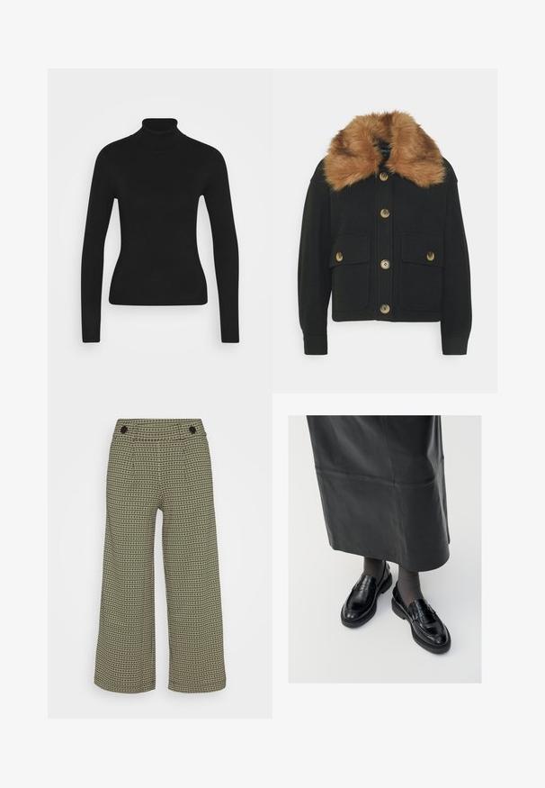 ONLY Petite ONLEMMA SHORT SHACKET - Leichte Jacke - black; Schwarzer Rollkragenpullover mit langen Ärmeln, gefertigt aus einem glatten Strickstoff. Hat ein tailliertes Design und einen gerippten Kragen.; JDY Petite JDYGEGGO MIA CHECK PANT - Stoffhose - tapioca/kalamata; Schwarze Lederloafers mit glatter Oberfläche, verziert mit einem dekorativen Riemen, runder Zehenpartie und texturierten Sohlen. Getragen mit einem langen schwarzen Lederrock.