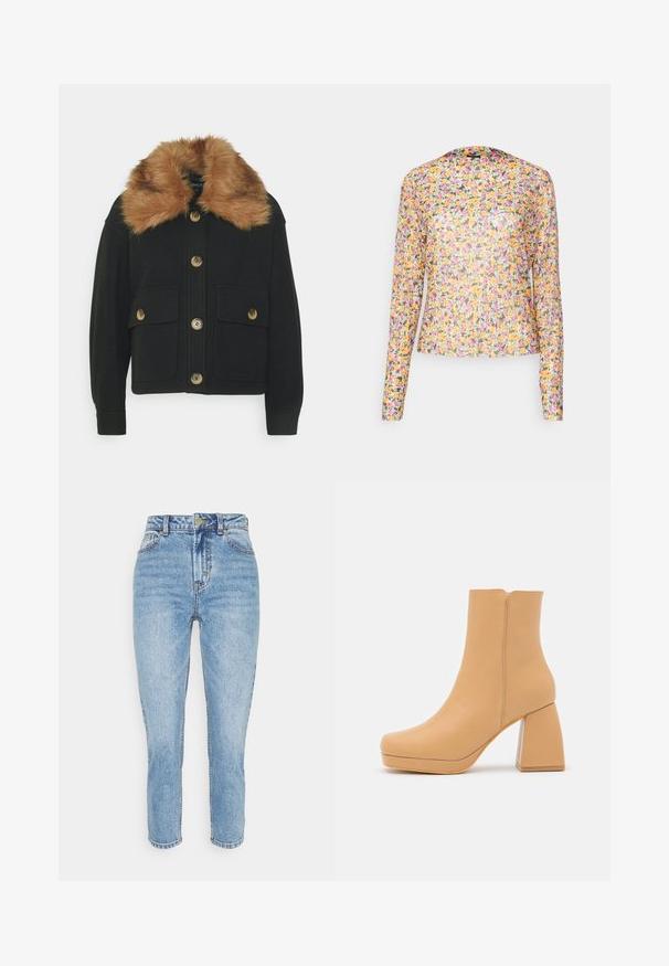 ONLY Petite ONLEMMA SHORT SHACKET - Letná bunda - black; Gina Tricot Petite MALIN TOP - Blúzka - multi-coloured; Svetlomodré džínsy s vysokým pásom, rovný strih a vyblednutá textúra. Obsahujú päť vreciek a zapínanie na gombík a zips.; DeeZee Členkové čižmy na platforme - dark beige