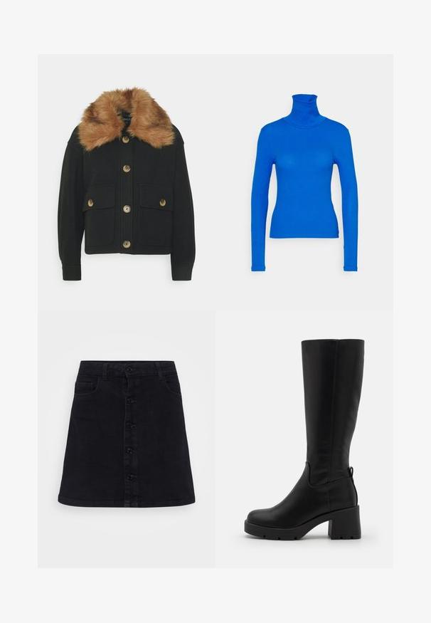 ONLY Petite ONLEMMA SHORT SHACKET - Let jakke / Sommerjakker - black; Pieces Petite PCKITTE ROLLNECK - Langærmet T-shirt - princess blue; Sort denimnederdel med lige snit, der har en frontknaplukning, to sidelommer og en glat tekstur.; Even&Odd by Zalando Plateaustøvler - black