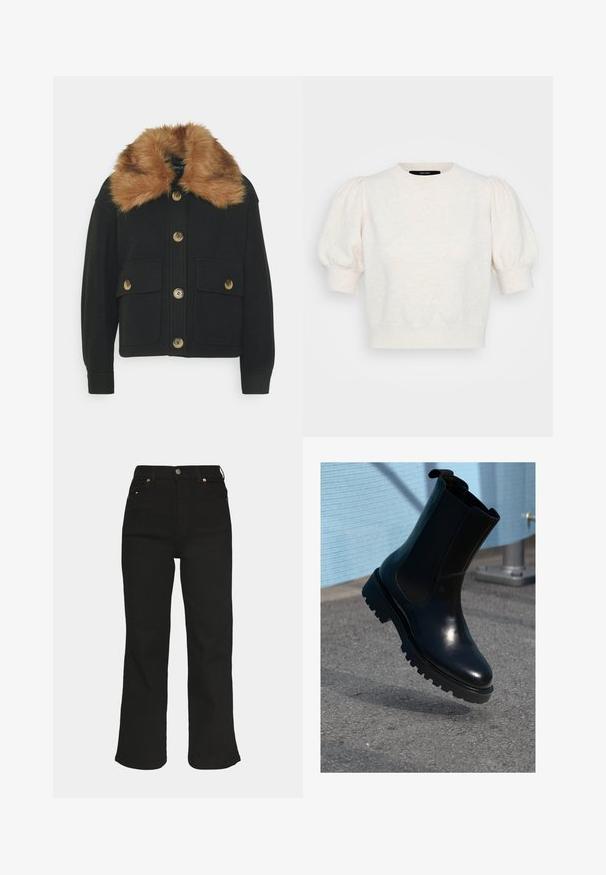 ONLY Petite ONLEMMA SHORT SHACKET - Leichte Jacke - black; Kurzes, ärmelloses Pullover-Sweatshirt aus weichem cremefarbenem Strick, mit puffartigen Ärmeln, Rundhalsausschnitt und einem lässigen Schnitt. Texturierter Stoff mit dezentem Muster.; Dr.Denim Petite MOXY - Stoffhose - solid black; Schwarzer Leder-Stiefelette mit elastischen Seitenteilen, rundlicher Spitze und einer dicken, strukturierten Sohle. Glatte Oberfläche mit minimalistischem Design.