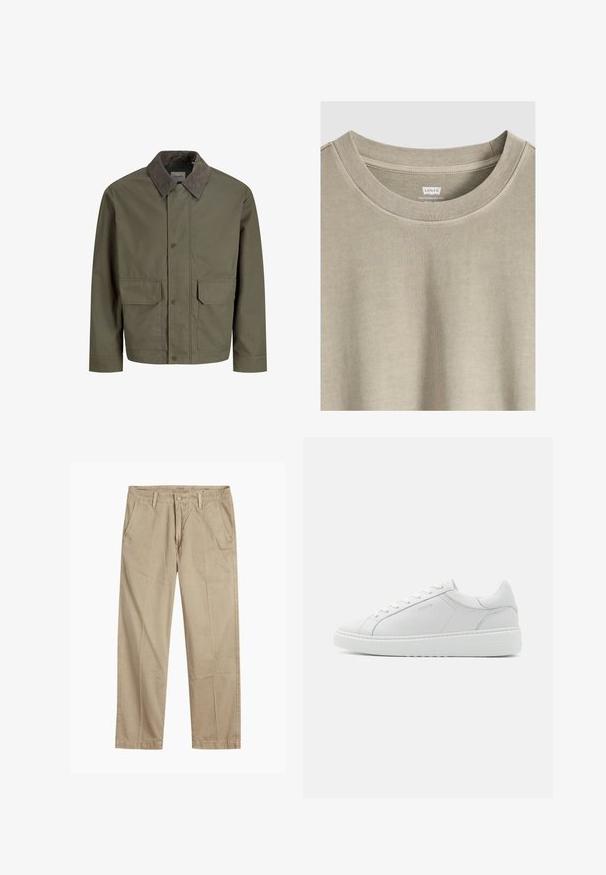 Groen jack met een bruine corduroy kraag, frontale drukknoopsluiting en twee grote klepzakken, getoond op een witte achtergrond.; Beige Levi's T-shirt met ronde hals, zichtbare kraagstiksels en een bedrukt label aan de binnenkant van de hals.; Beige rechte pijpen chinos met riemlussen, voorkant met knoop en rits sluiting, en schuine voorzakken.; Witte lederen sneaker met een gladde textuur, ronde neus, laag profiel ontwerp en subtiele branding aan de zijkant. Gevoerde kraag en veters.