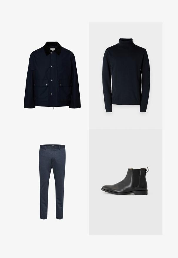 Marineblaue Jacke mit schwarzem Cordkragen, vorderen Druckknöpfen, Reißverschluss und zwei großen Klapptaschen mit Knöpfen.; Dunkelblaues Rollkragenpullover aus weichem, dehnbarem Stoff. Mit langen Ärmeln sowie gerippten Bündchen und Saum. Schlichtes, sauberes Design.; Marineblaue Hosen aus strukturiertem Stoff mit schmalem Schnitt, ausgestattet mit einem Knopfverschluss und Gürtelschlaufen, geeignet für lässige oder formelle Anlässe.; JOOP! PERO KLEITOS CHELSEA - Stiefelette - black