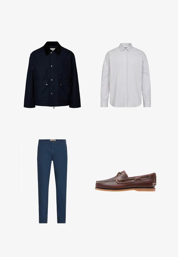 Marineblaue Jacke mit schwarzem Cordkragen, vorderen Druckknöpfen, Reißverschluss und zwei großen Klapptaschen mit Knöpfen.; Weißes Langarmshirt mit dünnen grauen vertikalen Streifen, klassischem Kragen, vorderem Knopfverschluss und Akzenten an den Säumen. Weiche, gewebte Stofftextur.; Marineblaue Slim-Fit-Hosen für Herren mit Gürtelschlaufen, Frontknopfverschluss und Seitentaschen, vor einem weißen Hintergrund präsentiert.; Brauner Leder-Bootsschuh mit weißen Nähten, Schnürdetails und hellbrauner Gummisohle, seitlich auf weißem Hintergrund gezeigt.