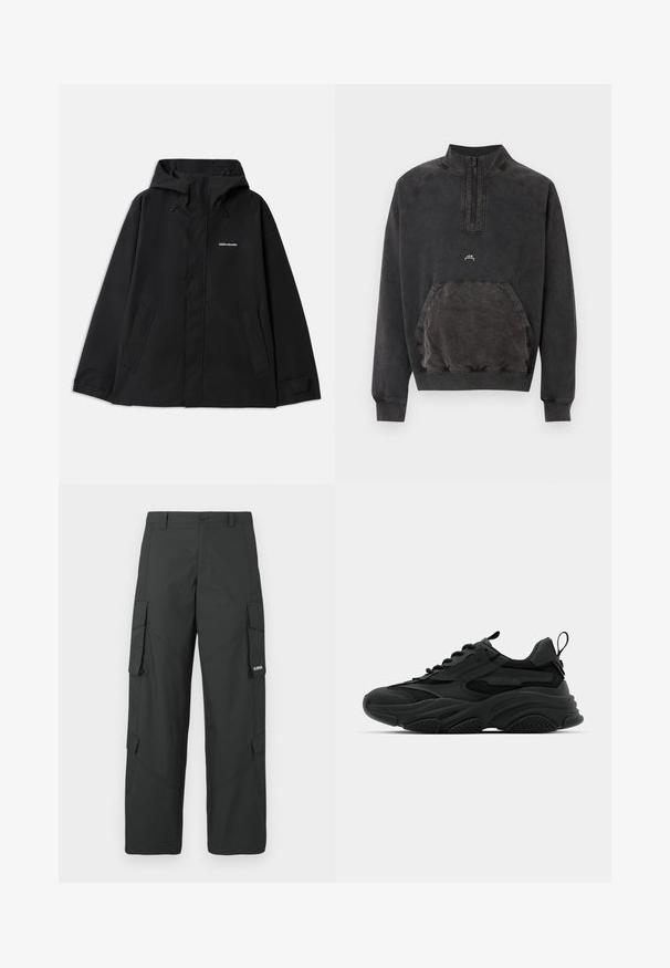 Sort vandtæt jakke med hætte, lange ærmer, lynlås foran og to sidelommer. Glat tekstur med et minimalistisk design.; Sort sweatshirts med halv lynlås, kængurulomme, ribstrikkede manchetter og kant samt lille "A C W" logo på brystet.; Sorte straight-leg cargo bukser med sidelommer med klap, knaplukning, bæltestropper og et lille hvidt logo på klappen af højre lomme.; Sorte atletiske sneakers med en kraftig sål, meshpaneler og gummidetaljer. Har en trækflap ved hælen og strukturerede mønstre.
