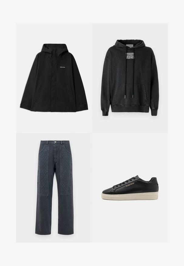 Veste noire imperméable avec capuche, manches longues, fermeture éclair avant et deux poches latérales. Texture lisse avec un design minimaliste.; Iceberg Sweat à capuche - nero; Jean gris foncé à coupe large, avec des patchs décoratifs à l'avant présentant un motif floral discret et des détails de poches standards.; Sneaker en cuir noir avec une finition lisse, semelle crème contrastante, bout arrondi, logo doré sur le côté et six œillets pour les lacets.