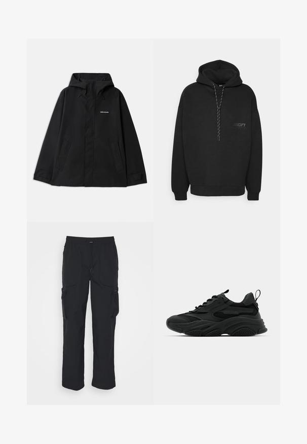 Veste noire imperméable avec capuche, manches longues, fermeture éclair avant et deux poches latérales. Texture lisse avec un design minimaliste.; Zign Studio Sweatshirt - black; Pantalons cargo noirs en tissu tissé. Dotés d'une taille réglable, de poches latérales et de deux poches utilitaires avec zips.; Baskets de sport noires avec une semelle épaisse, des panneaux en mesh et des accents en caoutchouc. Elles disposent d'une sangle de traction à l'arrière et de motifs texturés.