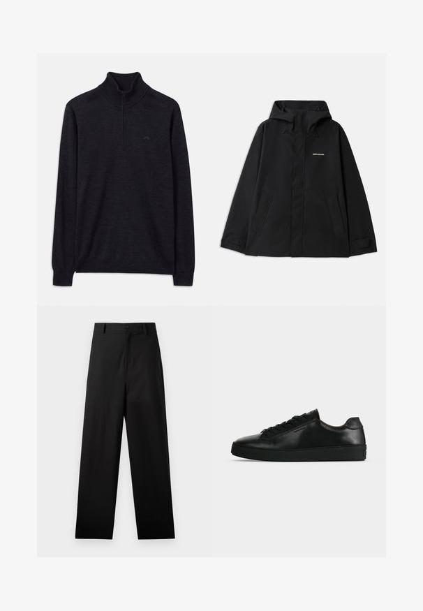 Sort vandtæt jakke med hætte, lange ærmer, lynlås foran og to sidelommer. Glat tekstur med et minimalistisk design.; Sort langærmet sweater med ribbet høj krave og halv lynlås, med et subtilt logo på venstre bryst.; Sorte bukser lavet af bomuld med lige ben-design, der har en frontknaplukning og sidelommer. Glat tekstur, ingen mønstre.; Sort lavtop lædersneaker med sorte snørebånd og en tyk sort sål, vist fra siden på en lysegrå baggrund.