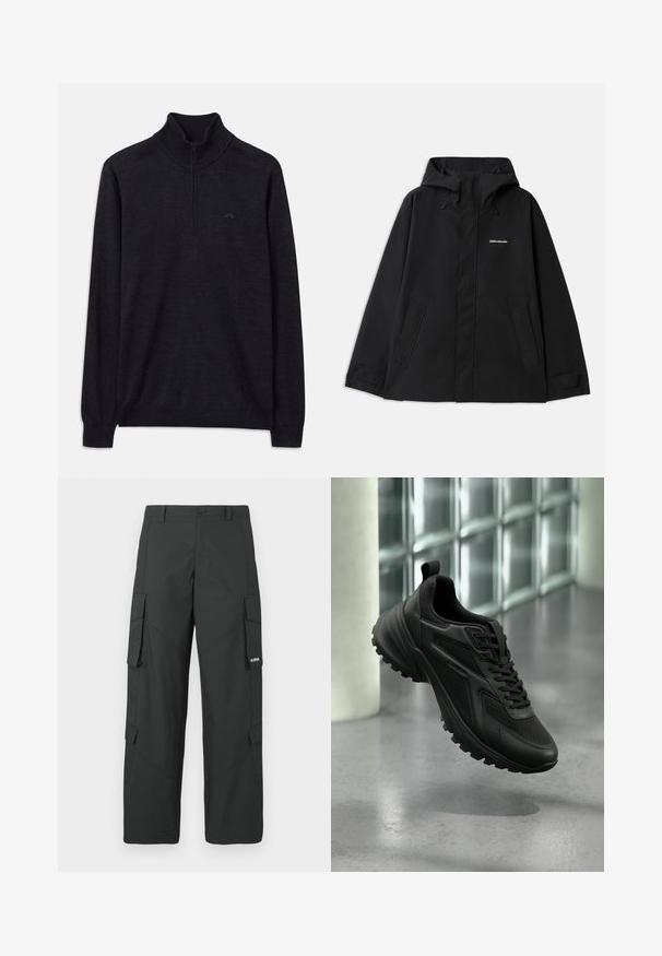Chaqueta negra impermeable con capucha, mangas largas, cierre frontal con cremallera y dos bolsillos laterales. Textura suave con un diseño minimalista.; Suéter negro de manga larga con cuello alto acanalado y media cremallera, con un logo sutil en el lado izquierdo del pecho.; Pantalones cargo rectos negros con bolsillos laterales con solapa, cierre de botón, trabillas para cinturón y pequeño logo blanco en la solapa del bolsillo derecho.; Zapatilla deportiva negra con suela texturizada y cordones, flotando sobre un suelo gris con fondo de pared de bloques de vidrio.