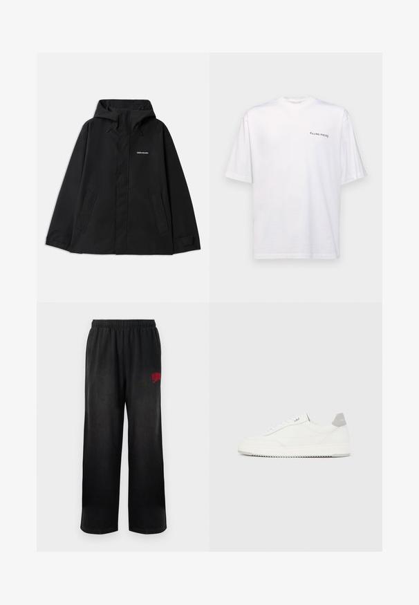 Sort vandtæt jakke med hætte, lange ærmer, lynlås foran og to sidelommer. Glat tekstur med et minimalistisk design.; Hvid kortærmet t-shirt i bomuld med v-hals, med et sort "FILLING PIECES" logo trykt på venstre side.; Sorte sweatpants med elastisk talje og sidelommer. Har rød "Billionaire Boys Club" logo på højre lår. Blød, glat tekstur.; Hvid lavtop-sneaker med gråt hælflig, hvide snørebånd og tekstureret sål, vist på en ensfarvet lys baggrund.