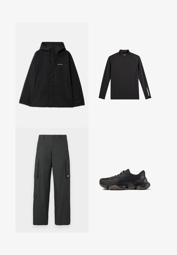 Zwarte waterdichte jas met een capuchon, lange mouwen, rits aan de voorkant en twee zijzakken. Made van een gladde stof met een minimalistisch ontwerp.; Zwart sporttopje met lange mouwen, opstaande kraag, slim fit en witte "J.Lindeberg"-logo op linkerarm en kraag.; Zwarte cargo broek met rechte pijpen, zijflapzakken, knoopsluiting, riemlussen en een klein wit logo op de flap van de rechterzak.; Zwarte sportieve sneaker met een gestructureerde zool, leren en suède bovenwerk, gevoerde kraag en vetersluiting, getoond in zijprofiel.