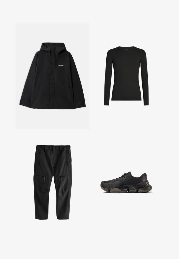 Chaqueta negra impermeable con capucha, mangas largas, cierre frontal con cremallera y dos bolsillos laterales. Textura suave con un diseño minimalista.; Camiseta negra de manga larga ajustada con cuello redondo y un sutil logo de Icebreaker en la manga izquierda, mostrada sobre un fondo blanco.; Pantalones negros ligeros con cinturilla elástica, dos bolsillos laterales con cremallera y dos bolsillos cargo con cremallera. Textura suave y corte recto.; Zapatilla deportiva negra con suela texturizada, parte superior de cuero y gamuza, cuello acolchado y cierre con cordones, mostrada en perfil lateral.