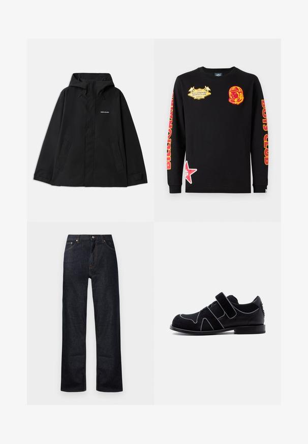 Chaqueta negra impermeable con capucha, mangas largas, cierre frontal con cremallera y dos bolsillos laterales. Textura suave con un diseño minimalista.; Camiseta de manga larga negra de algodón con estampados gráficos en rojo y amarillo, que incluyen un astronauta y una estrella, con el texto "Billionaire Boys Club".; Jeans de mezclilla azul oscuro con diseño de pierna recta, cinco bolsillos y detalle de costura en color naranja. Cierre de botón metálico y cremallera.; Zapato de vestir para hombre en negro con cierre de velcro, detalle de cordones, materiales de ante y cuero, y tacón bajo sobre un fondo blanco liso.