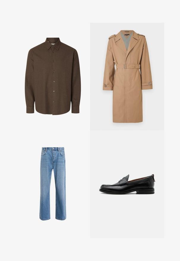 Bež trench coat, mille laia kraega, vöödiga taljes ja mansettidega, õlavarre epauletid ning hallis ruuduline vooder.; Pikkade varrukatega pruun nööbitav särk klassikalise kraega ja ühe nupuga mansettidega, valgel taustal.; Heledad sinine teksapüksid otse lõikega, viie taskuga, nupuga sulgemine, minimaalne kulumine ja kontrastsed õmbluse detailid.; Mustast nahast meeste mokasiin, millel on moc varbaõmblus, penny rihm, tekstuuriga krae ja madal virnastatud konts valgel taustal.