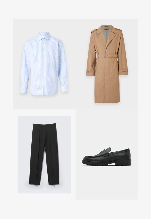 Bež trench coat, mille laia kraega, vöödiga taljes ja mansettidega, õlavarre epauletid ning hallis ruuduline vooder.; Heledad sinine ja valge triibuline pikakäised särk klassikalise kraega, nööbivaatamisega esiosa ja mansetid, valmistatud siledast kangast.; Mustad kohandatud püksid esipleeides, küljetaskute, vööaasade ja nööpsulguriga vöökoha juures heledal taustal.; Mustad musta nahast loafers, millel on ümar varvas, tikandiga disain, madal platvorm-soon ja tekstureeritud, soonikkummist välistald.
