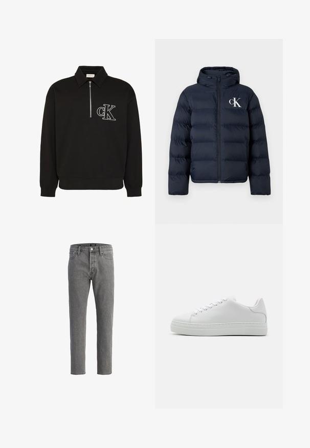 Mørkeblå dunjakke med hætte, frontlynlås, sidelommer og hvid "cK" logo på venstre bryst.; Sort langærmet pullover med krave, halvlukning foran med lynlås og hvidt broderet "cK" logo på venstre bryst.; Grå denim jeans med lige pasform, fem-lomme design og metalknap lukning. Stoffet har en blød, struktureret overflade.; Hvide lædersneakers med en chunky platformsål, rund tå og seks snørehuller. Glat tekstur med subtile syninger.