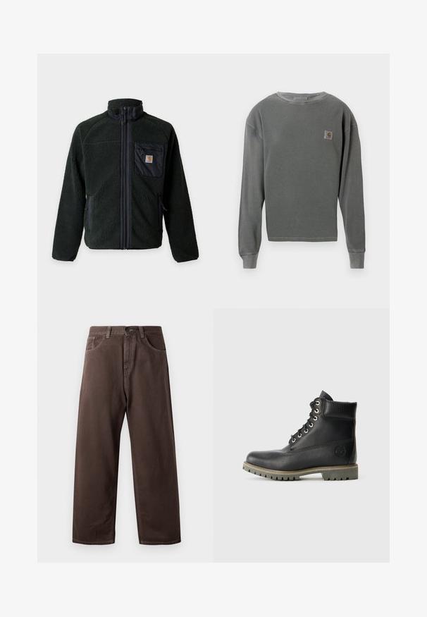 Tmavozelená fleece bunda s celoprepínacím zipsom, stojacím golierom, náprsným vreckom na zips s logom a dvoma bočnými vreckami na zips.; Šedá dlhá mikina s kruhovým výstrihom a rebrovanou textúrou, s malou štvorcovou nášivkou na ľavej hrudi a rebrovanými manžetami.; Hnedé nohavice so širokým strihom vyrobené z bavlny, ktoré majú klasický dizajn s piatimi vreckami, zips a viditeľné švy.; Čierne kožené členkové topánky s šnurovacími detailmi, polstrovaným golierom a štruktúrovanou panelou. Majú robustnú podrážku a embosované logo na boku.
