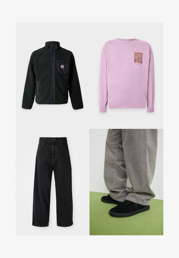 Tmavozelená fleece bunda s celoprepínacím zipsom, stojacím golierom, náprsným vreckom na zips s logom a dvoma bočnými vreckami na zips.; Levanduľová košeľa s dlhým rukávom s malou grafikou a textom na ľavej strane hrudníka, zobrazujúca zložitý kruhový dizajn.; Čierne denimové nohavice s širokými nohavicami a vysokým pásom, predným gombíkom, zipsom a žltým prešívaním na vreckách a švoch.; Čierne semišové skateboardové topánky s textúrovaným povrchom a logom, ktoré sú spárované so sivými kordovými nohavicami s ryhovanou textúrou. Zelený povrch podlahy.