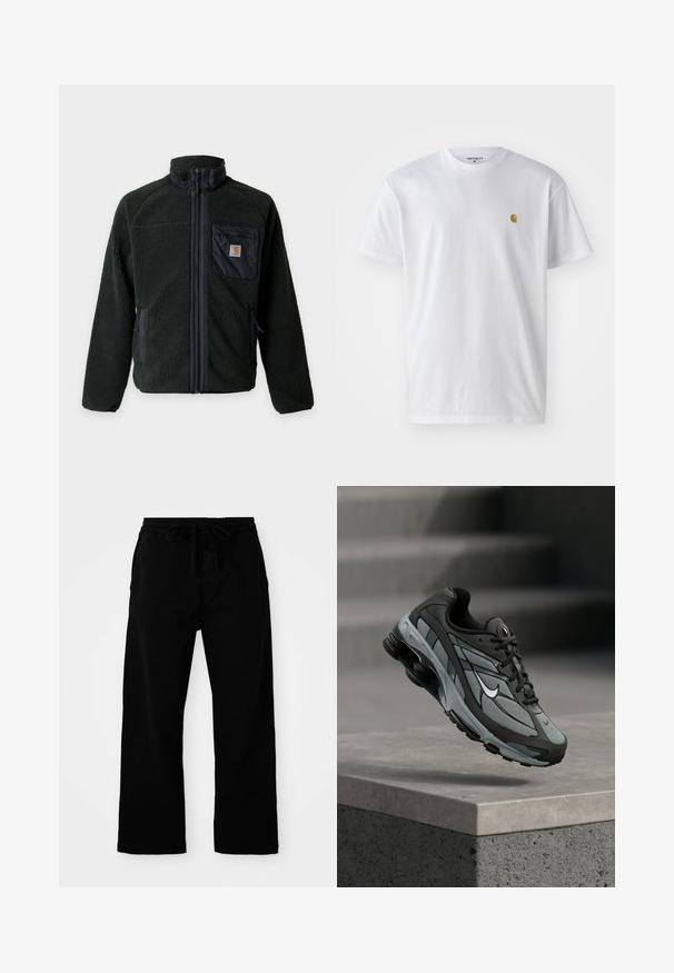 Veste polaire vert foncé avec fermeture éclair complète à l'avant, col montant, poche poitrine zippée avec logo, et deux poches latérales zippées.; T-shirt en coton blanc à manches courtes, col rond, avec un petit logo doré sur la poitrine gauche. Texture douce et coupe régulière.; Pantalons noirs à taille élastique avec cordon de serrage réglable, jambes larges et texture en coton lisse. Pas de motifs ni de détails matériels visibles.; Baskets athlétiques grises et noires avec panneaux en mesh et semelle épaisse, positionnées en plein air au-dessus d'un rebord en béton avec des escaliers en arrière-plan.
