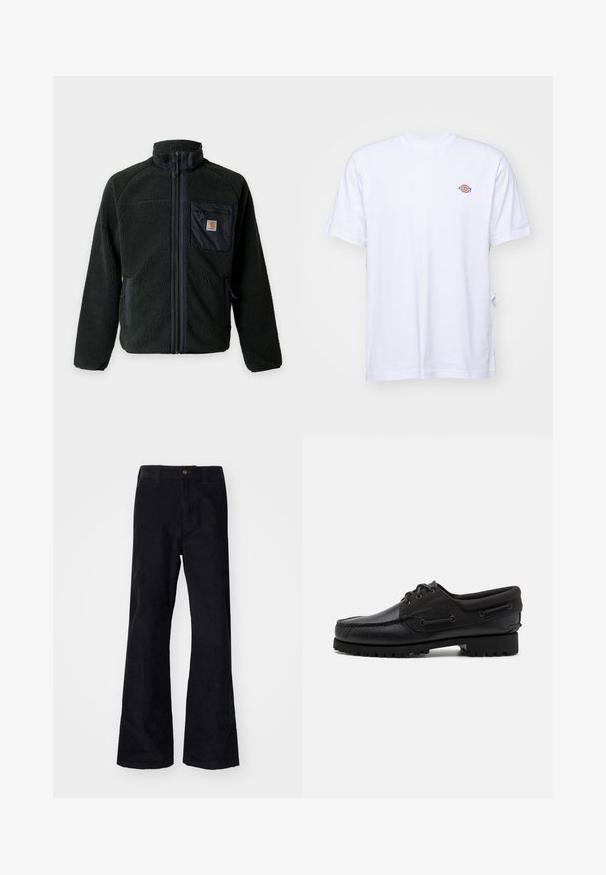 Donkergroene fleecejas met een volledige ritssluiting aan de voorkant, een opstaande kraag, een borstzak met ritssluiting en logo, en twee zijritszakken.; Witte katoenen t-shirt met een v-hals en korte mouwen. Kenmerkt zich door een klein kleurrijk geborduurd logo op de linkerkant van de borst. Zachte textuur.; Zwarte, katoenen flared broeken met een traditionele tailleband, enkele knoop aan de voorkant en zakken aan de zijkanten en achterkant. Glad textuur.; Zwarte schoen met een leren bovenzijde, textiele accenten, ronde veters en een getextureerde rubberen zool. Voorzien van mocassin-stiksel en merkdetails.